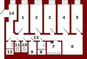 1 — красная комната, 2 — оранжевая комната, 3 — жёлтая комната, 4 — зелёная комната, 5 — синяя комната, 6 — холл с мини-кухней, 7 — комната для умывания, 8,12 — душ, 9 — служебное помещение, 10,11 — туалет, 13 — коридор, 14 — прихожая